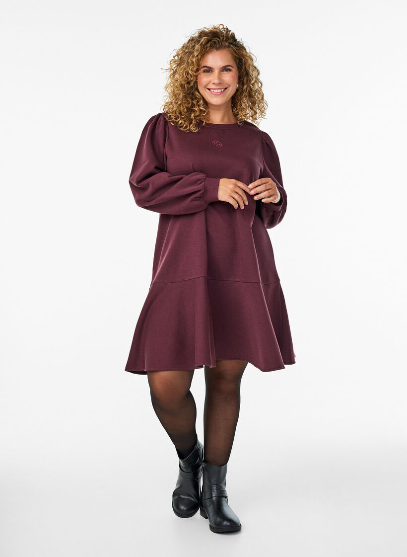 Robe sweat courte avec volants, Bordeaux foncé, Model image number 1