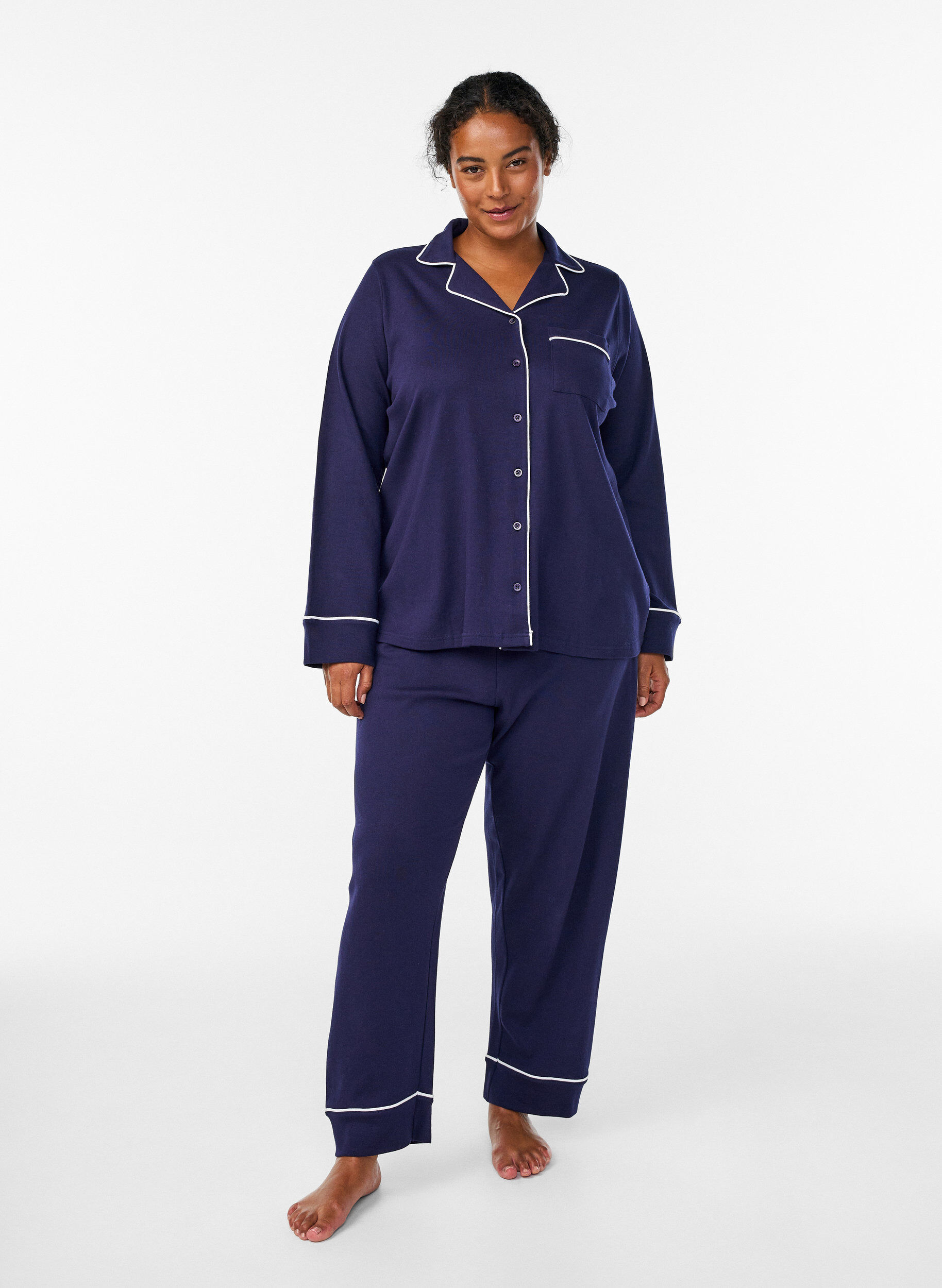 ZizziKatoenen pyjamashirt met borstzak, Blauw, Model image number 1