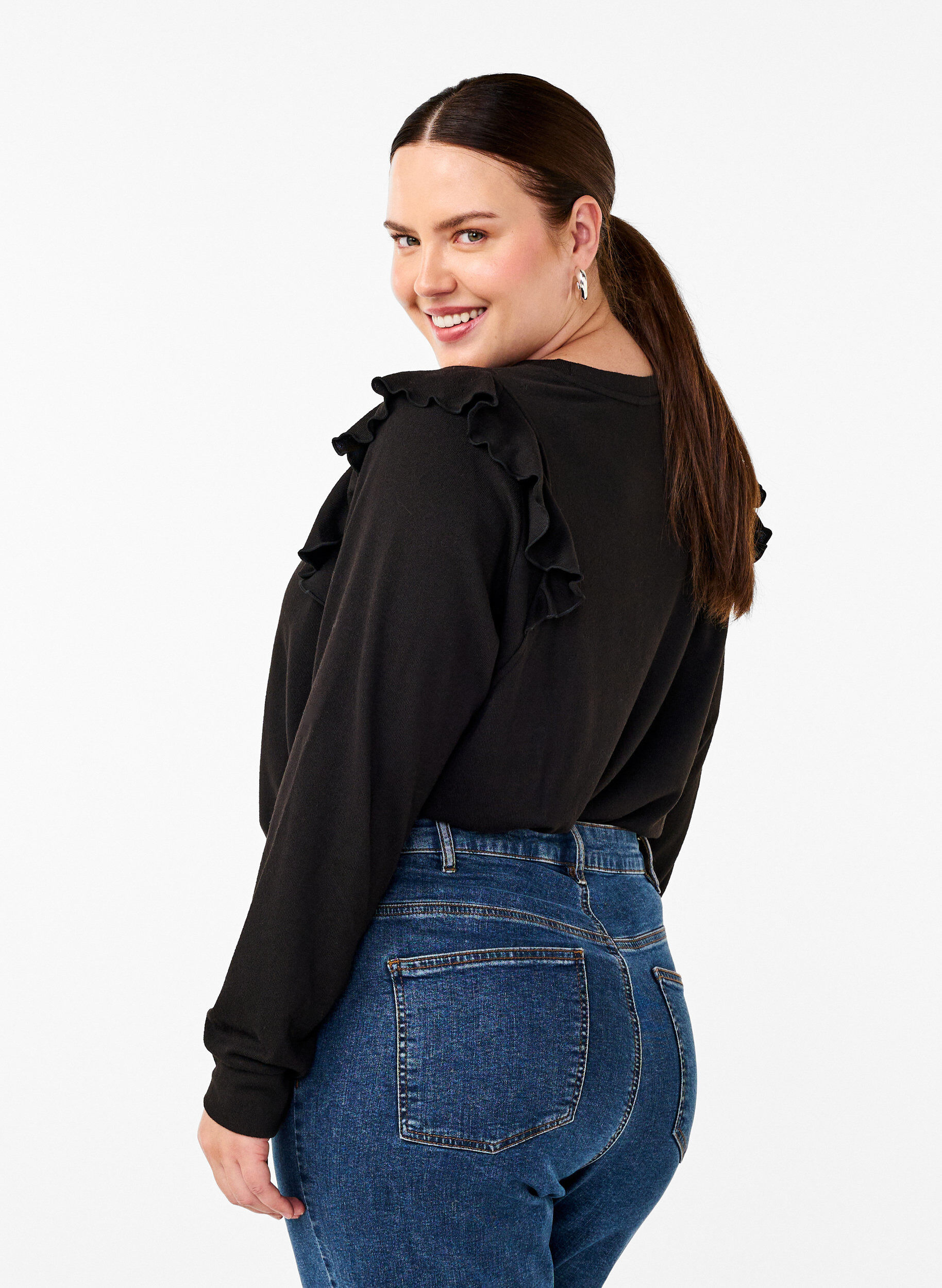 Zizzi Blouse met lange mouwen en ruches, Black, Model image number 1