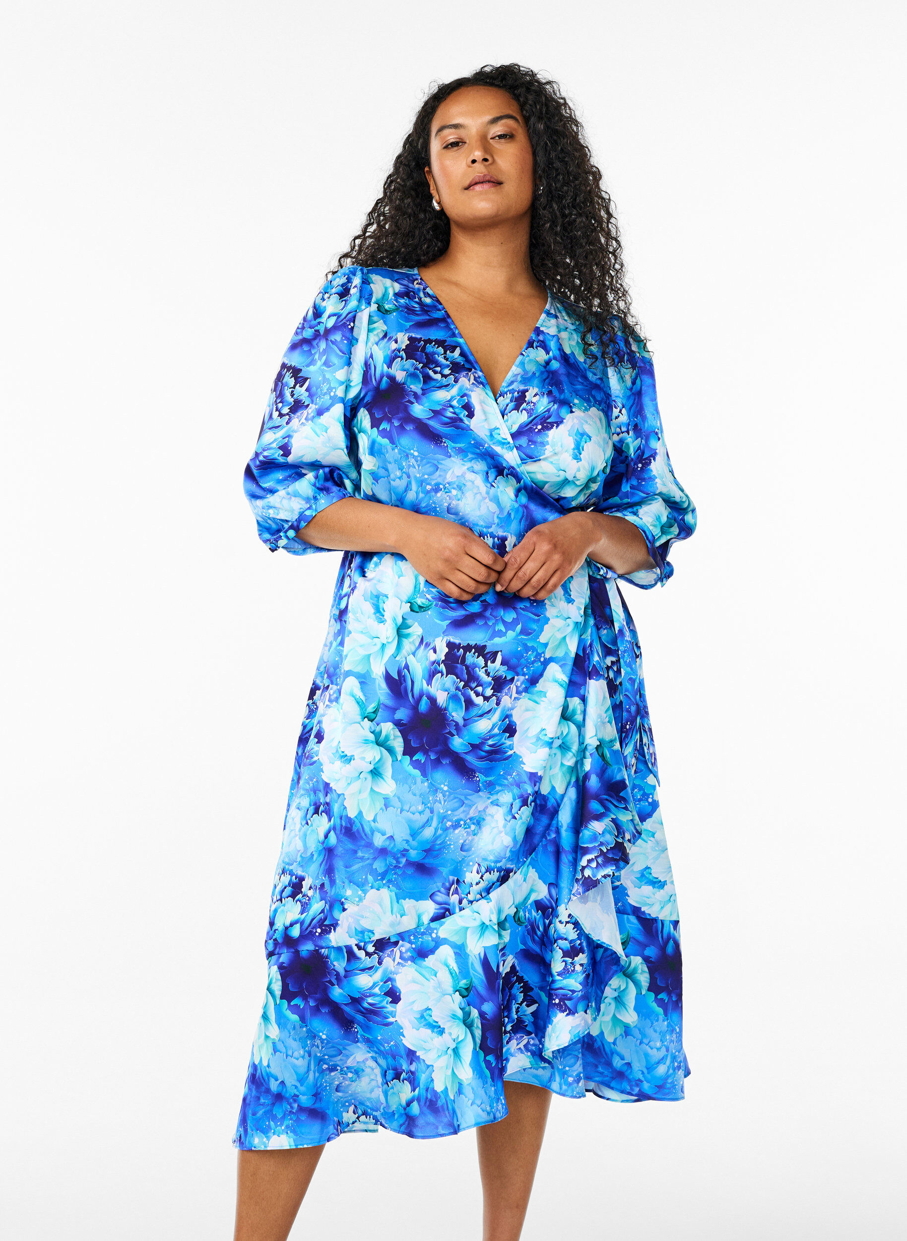 ZizziOmslagjurk met bloemenprint met 3/4 mouwen, Blauw, Model image number 0