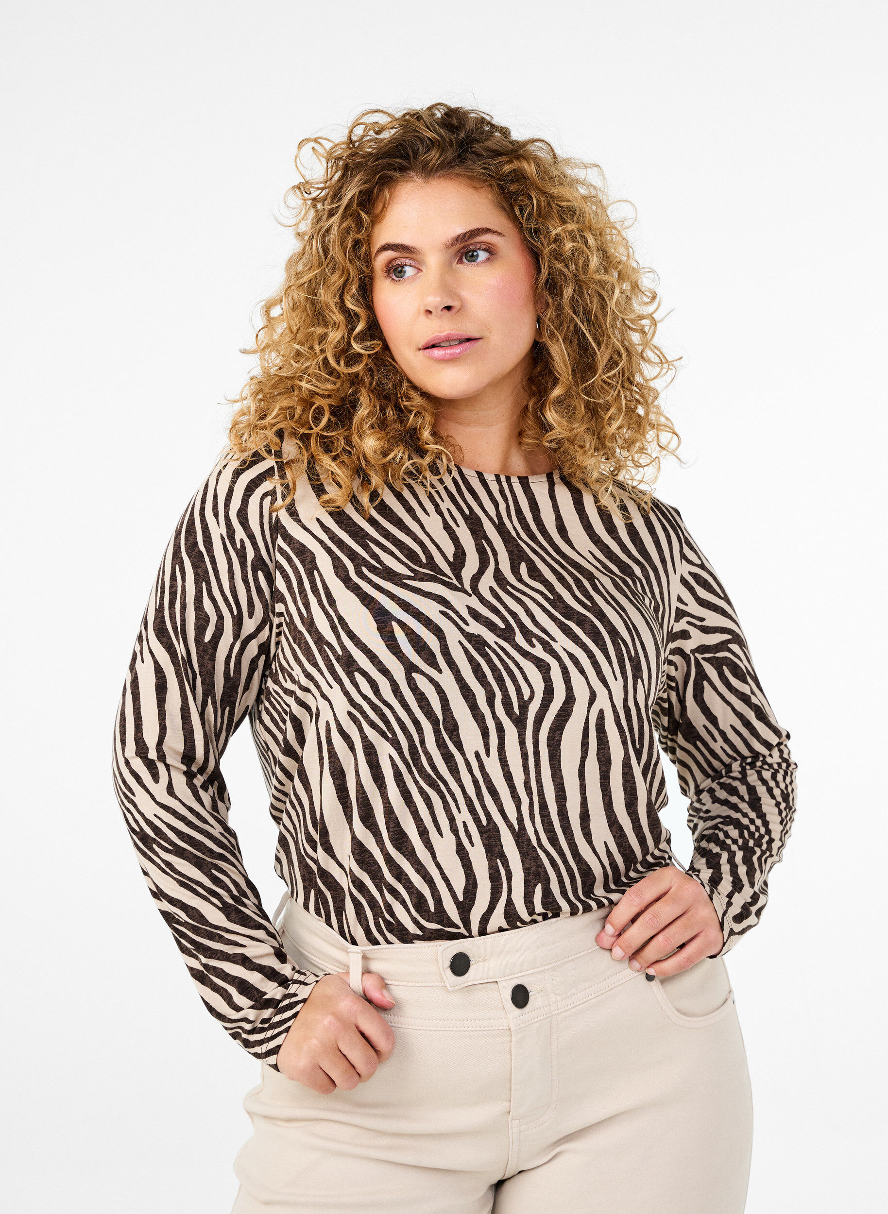 ZizziGestreepte blouse met lange mouwen, Bruin, Model image number 0