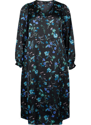 Midi-jurk met lange mouwen en bloemenprint, Blue Flower AOP, Packshot image number 0