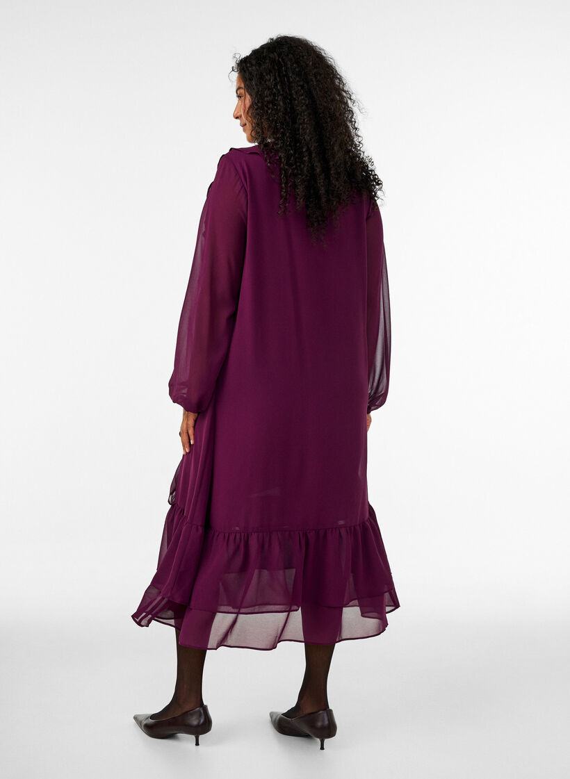 Jurk met ruches en V-hals, Rood, Model image number 1