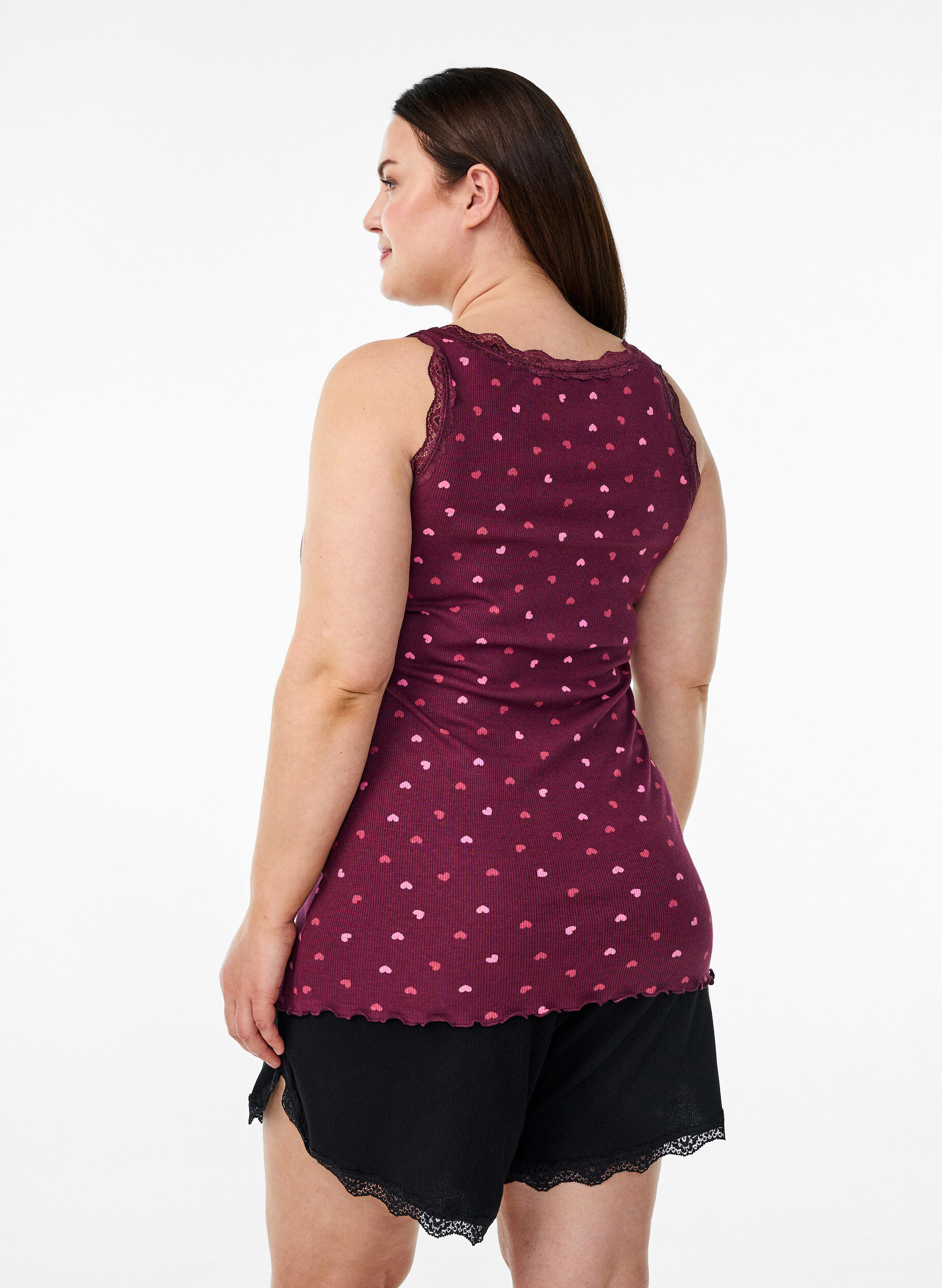 ZizziTop met print en kanten rand, Donker Bordeaux, Model image number 2
