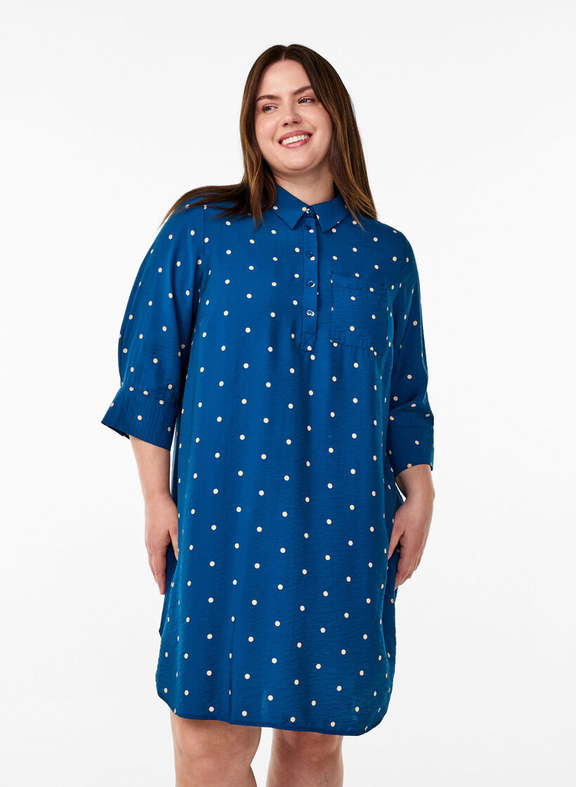 Korte jurk met kraag en borstzak, Blauw, Model image number 0