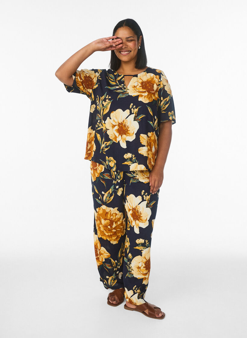 Viscose blouse met korte mouwen met print, Blauw, Model image number 1