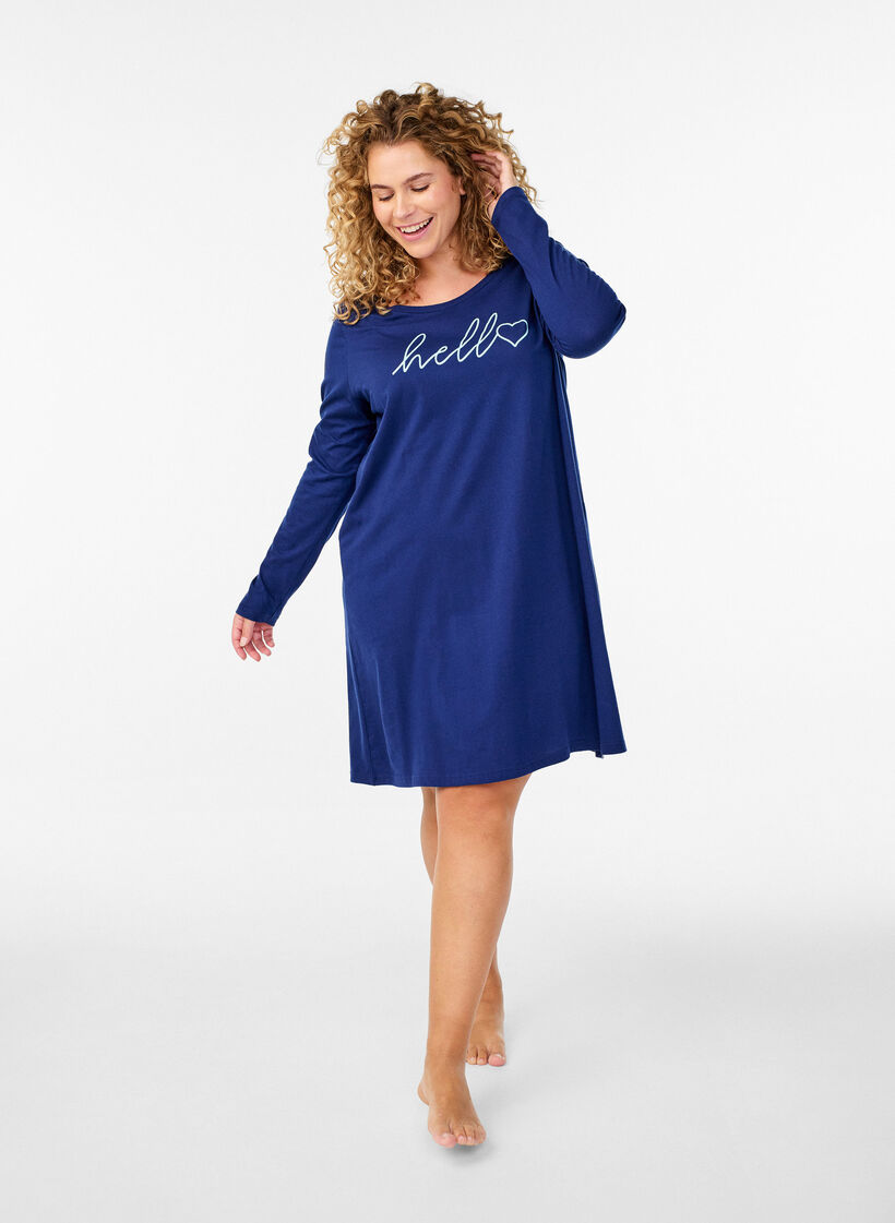 Chemise de nuit &agrave; manches longues en coton bio, Bleu, Model image number 1
