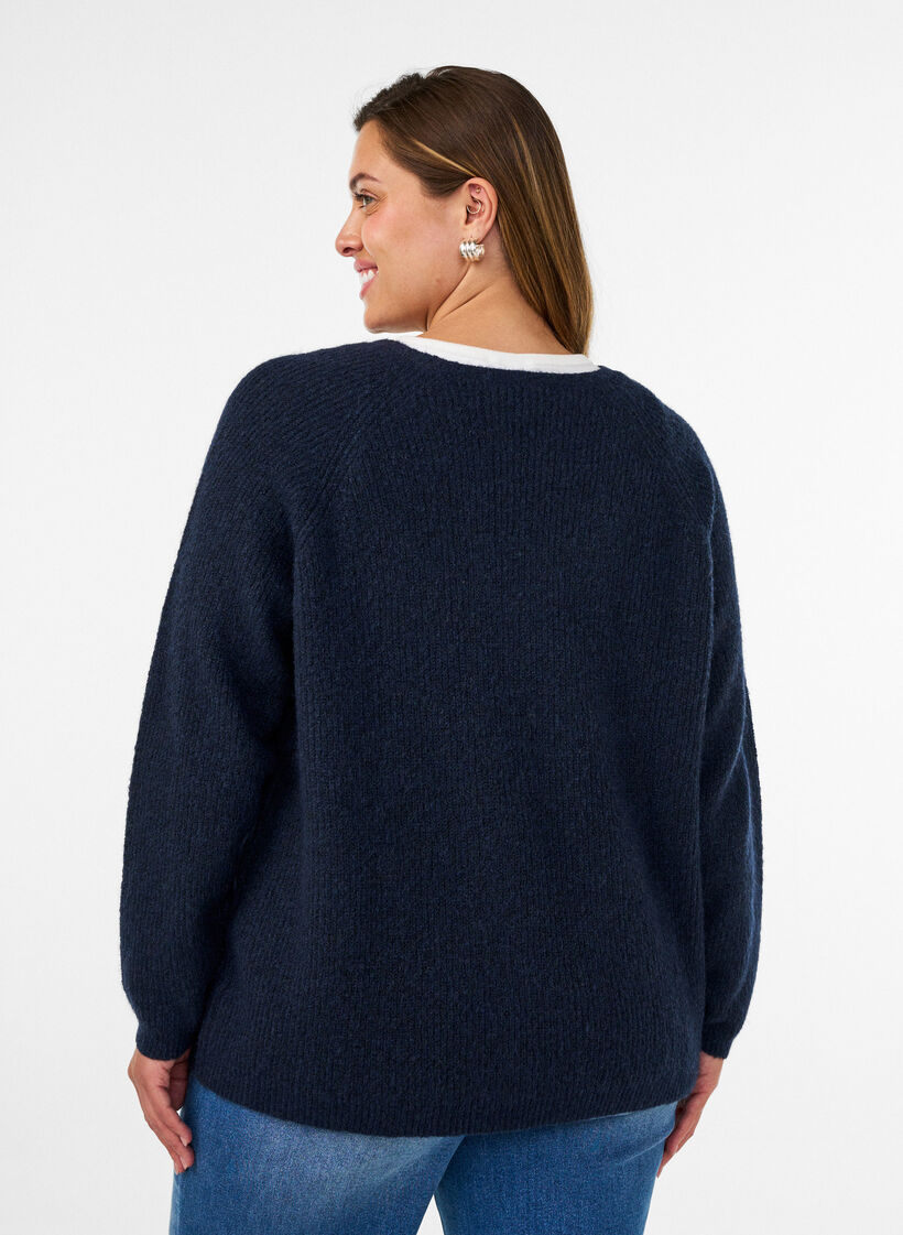 Blouse en maille avec col en V et manches raglan, Bleu, Model image number 2
