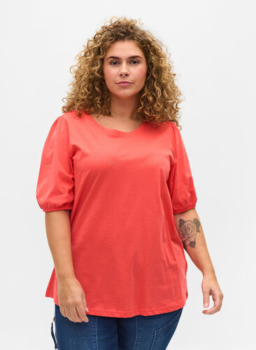 Katoenen t-shirt met elleboogmouwen, Hot Coral, Model image number 0
