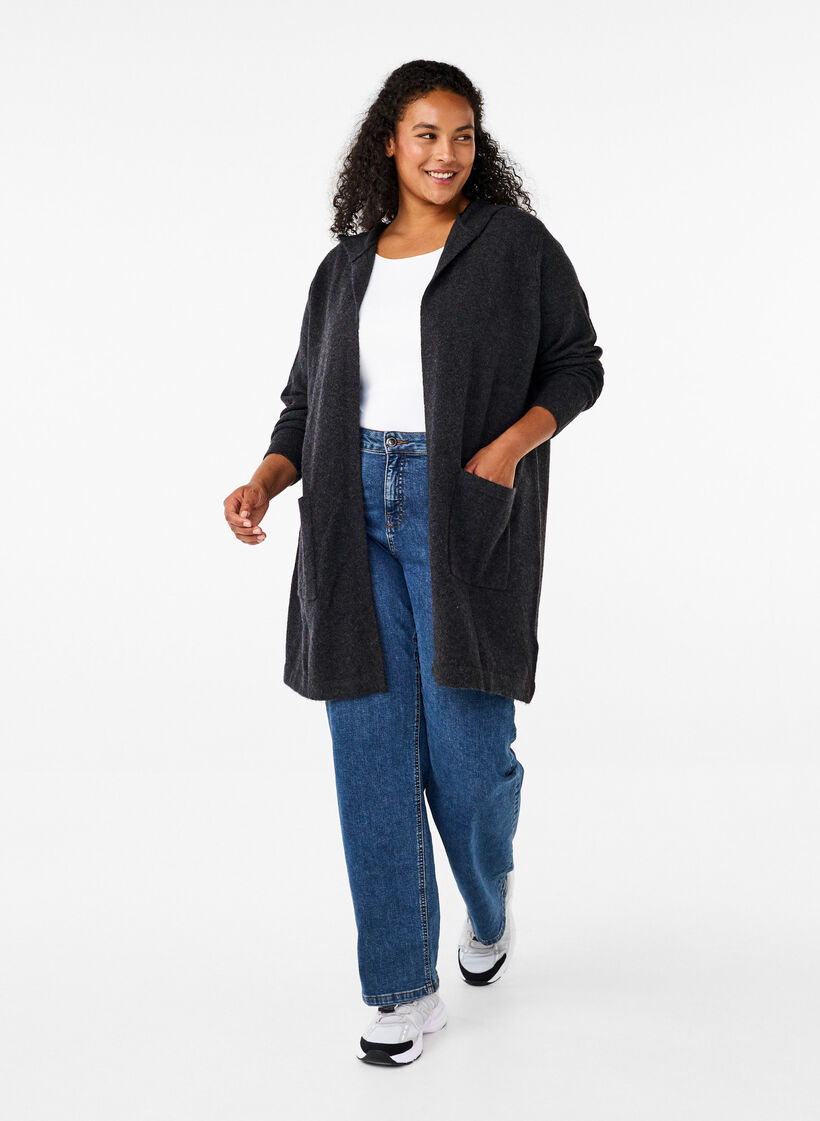 Cardigan long tricoté contenant de la laine et capuche, Dark Grey Melange, Model image number 2
