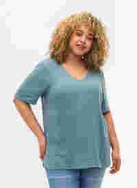 Katoenen blouse met borduursel en korte mouwen, Smoke Blue, Model