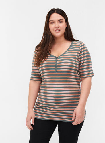 T-shirt côtelé rayé en coton, Balsam Green Stripe, Model image number 0