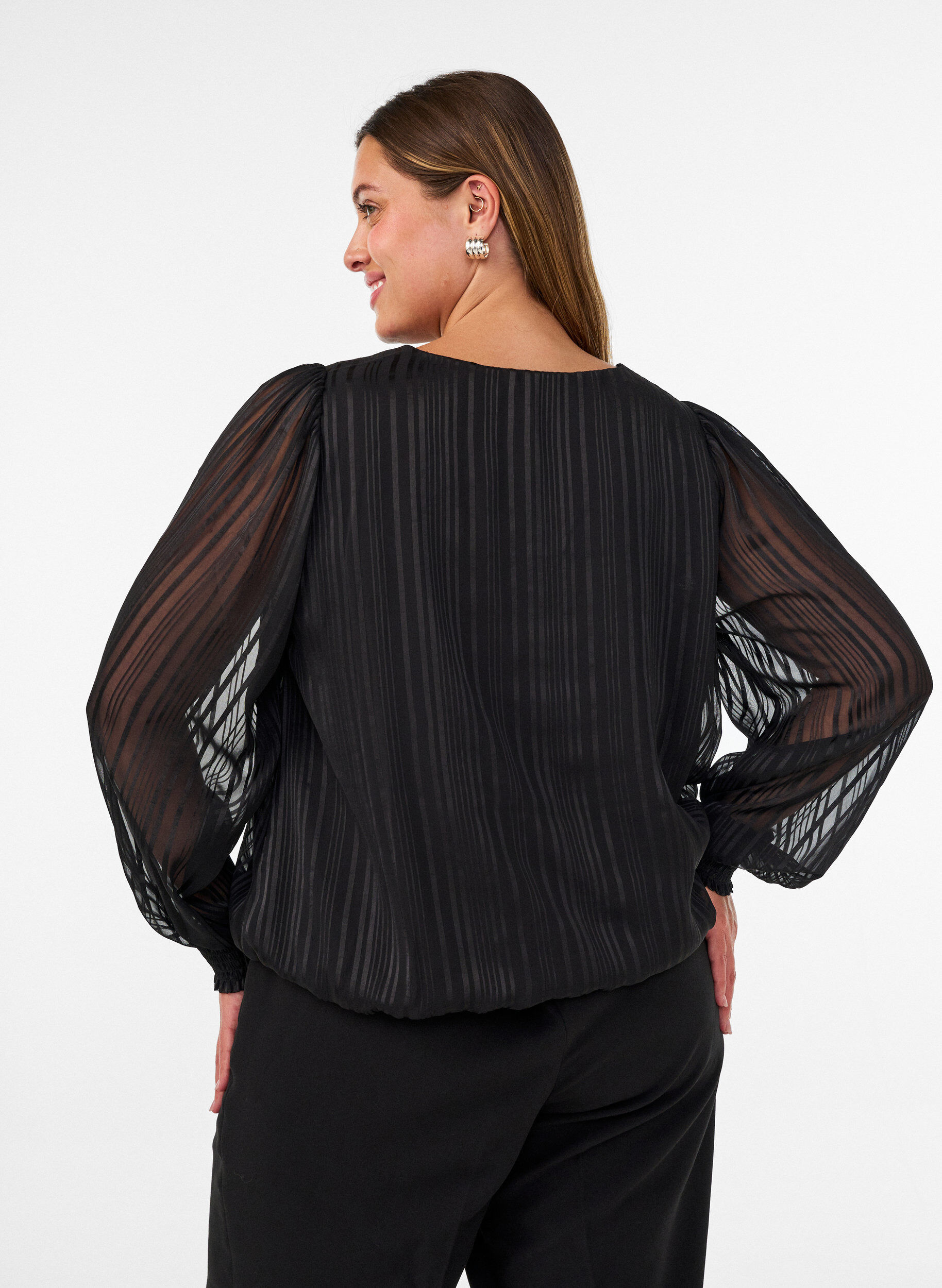 ZizziGestreepte blouse met ballonvorm, Zwart, Model image number 2