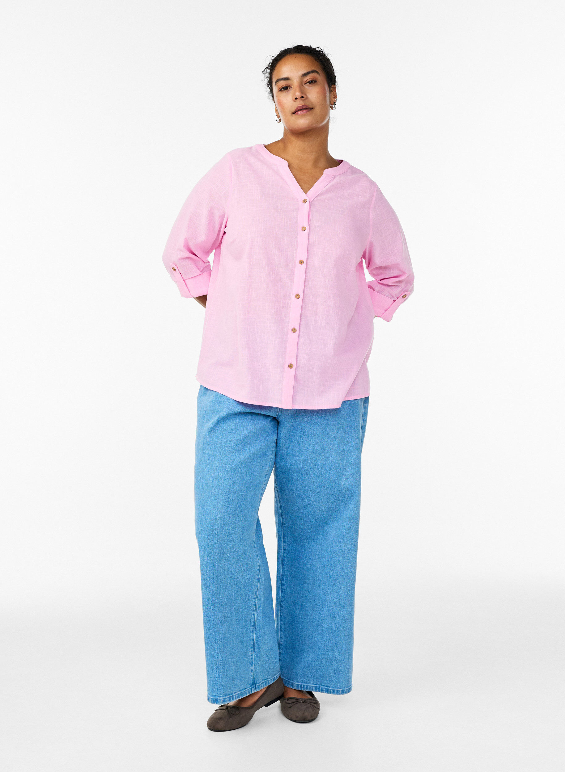 ZizziKatoenen blouse met V-hals, Roze, Model image number 1