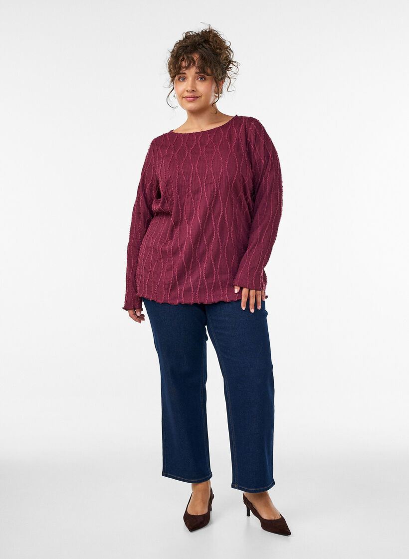 Blouse en jersey ondul&eacute;, Bordeaux, Model image number 1