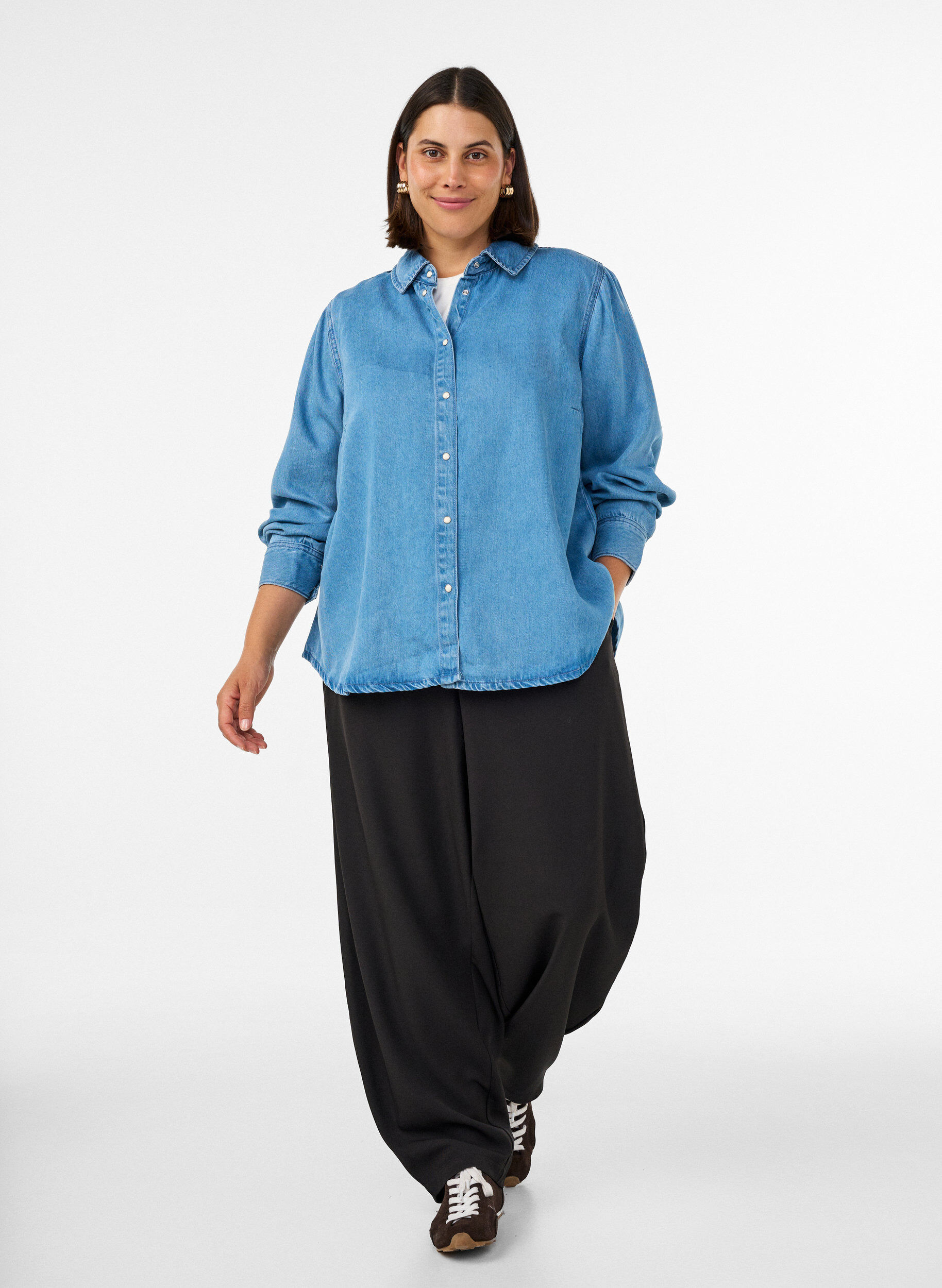 ZizziDenim blouse van lyocell met drukknopen, Blauw, Model image number 1