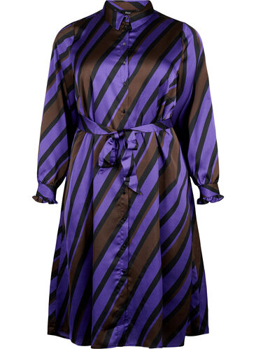 Robe-chemise en satin à rayures diagonales, Stripe AOP, Packshot image number 0