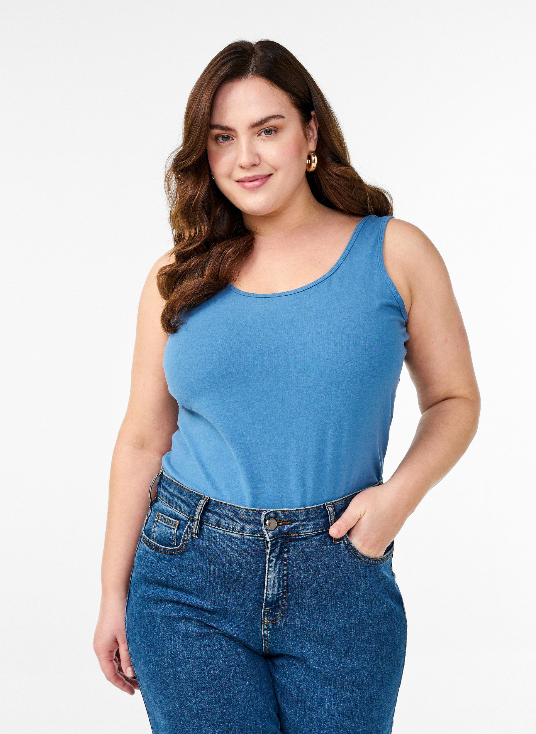 Zizzi Haut uni Basic en coton, Bleu, Model image number 0