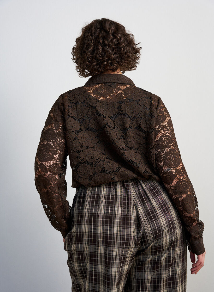 Kanten shirt met parelknopen, Bruin, Model image number 2