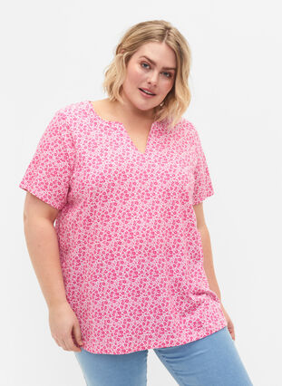 T-shirt en coton à fleurs avec col en V, Shocking Pink AOP, Model image number 0