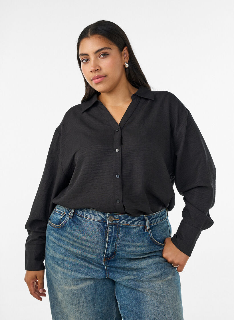 Losse shirt met V-hals, Zwart, Model image number 0