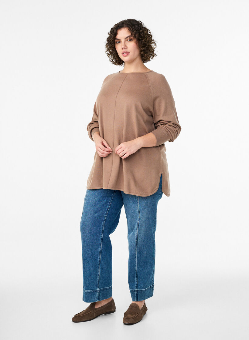 Breigoed blouse met ronde hals en gebreid patroon, Bruin, Model image number 1