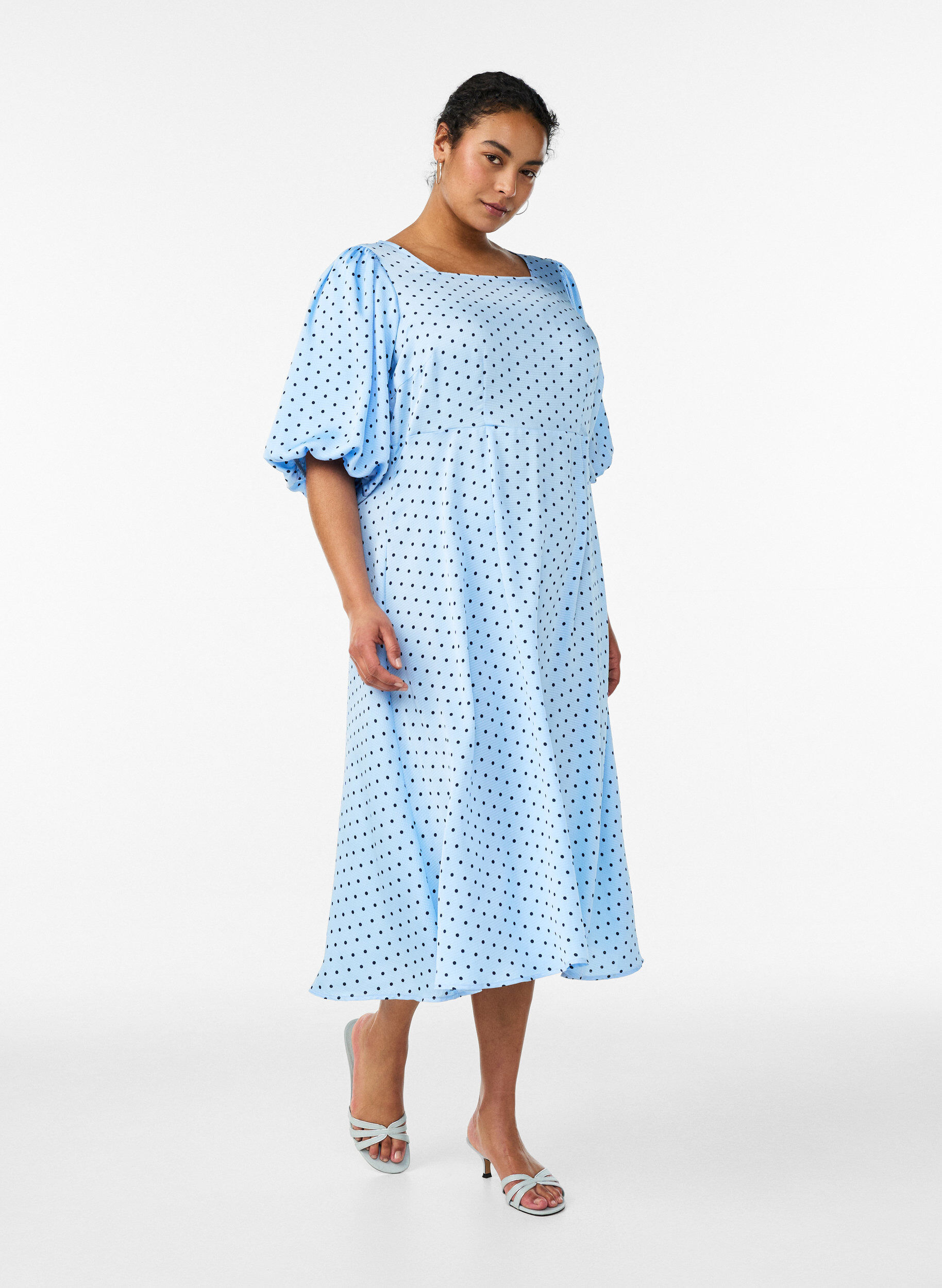 ZizziPolkadot midi-jurk met vierkante halslijn, Blauw, Model image number 0