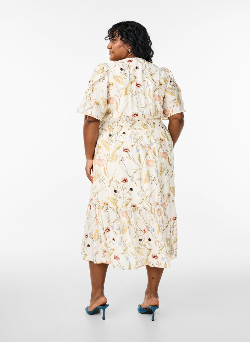 Robe mi-longue &agrave; fleurs avec une forme trap&egrave;ze, Beige, Model image number 2