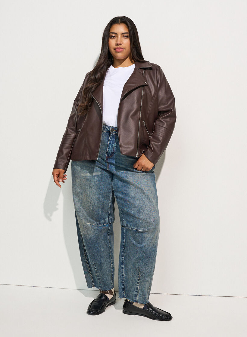 Veste biker en similicuir, Marron, Model image number 1