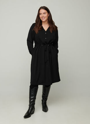Lange jas met knopen en riem, Black, Model image number 2