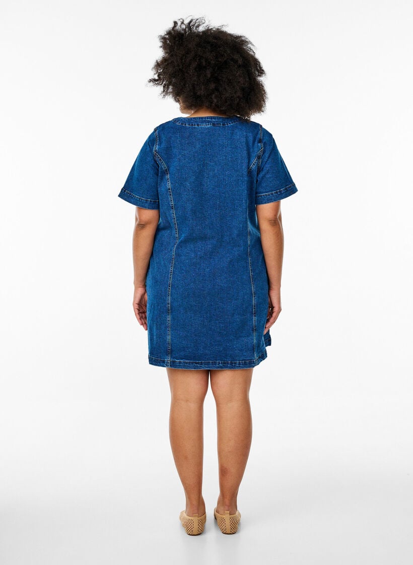 Korte denim jurk met V-hals, Blauw, Model image number 2
