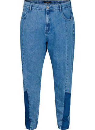 Jeans Mille coupe maman avec patch de couleurs, Blue denim, Packshot image number 0