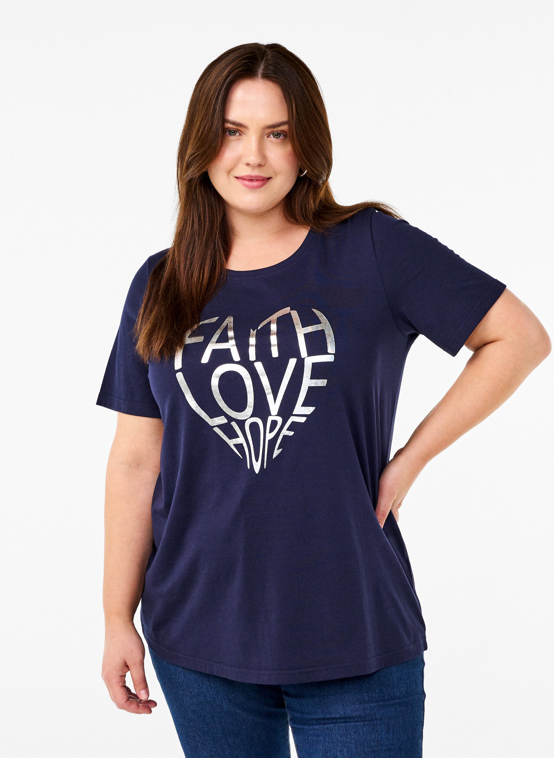 Zizzi FLASH &ndash; T-shirt imprim&eacute;, Navy B. Silver Faith, Model image number 0