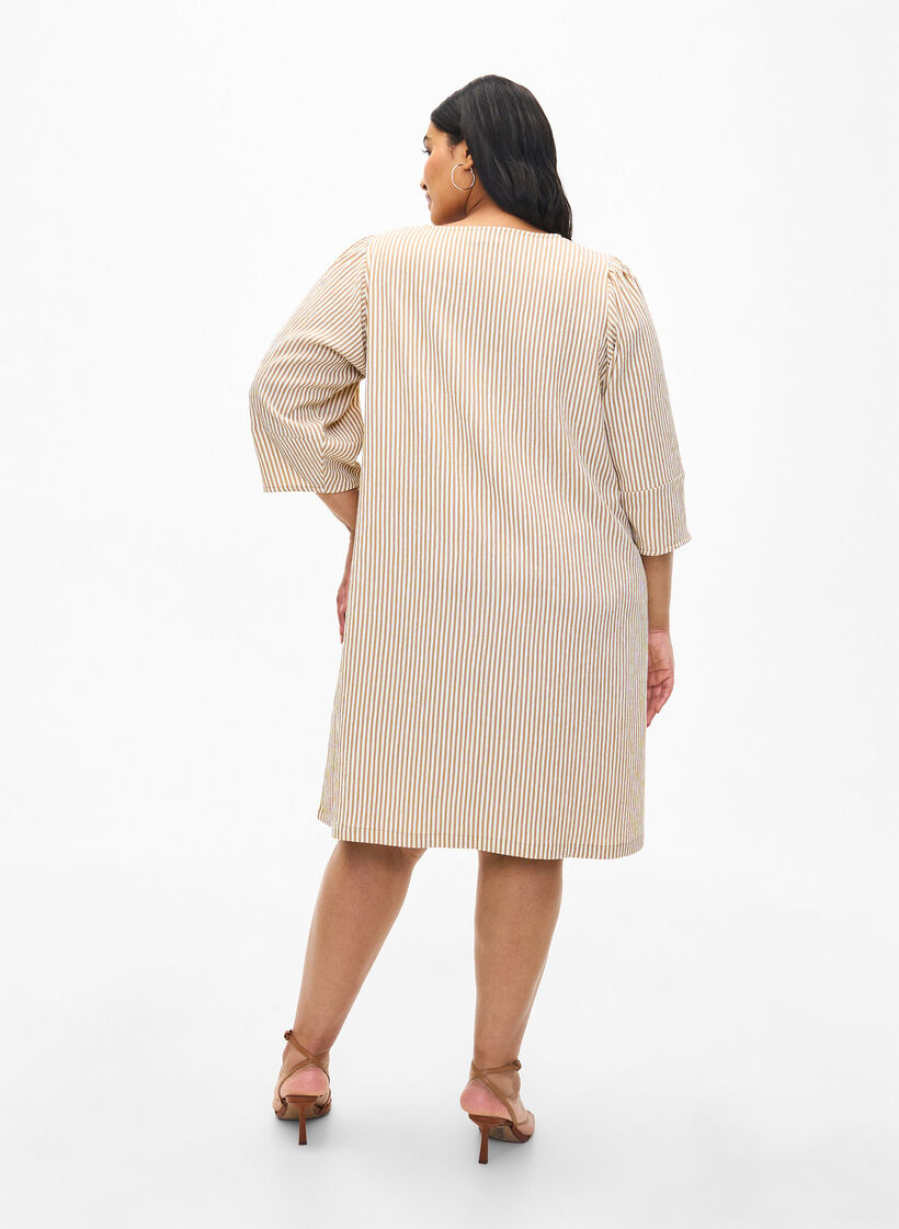 Gestreepte jurk met 3/4 mouwen, Camel Stripe, Model image number 1