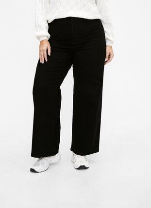 Jeans met hoge taille en wijde pijpen, Black, Model image number 2