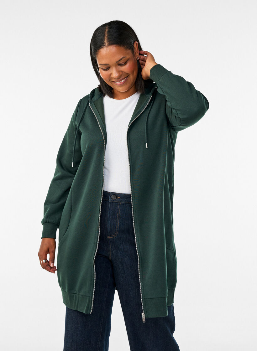 Sweat &agrave; capuche long avec zip et poches, Vert fonc&eacute;, Model image number 0