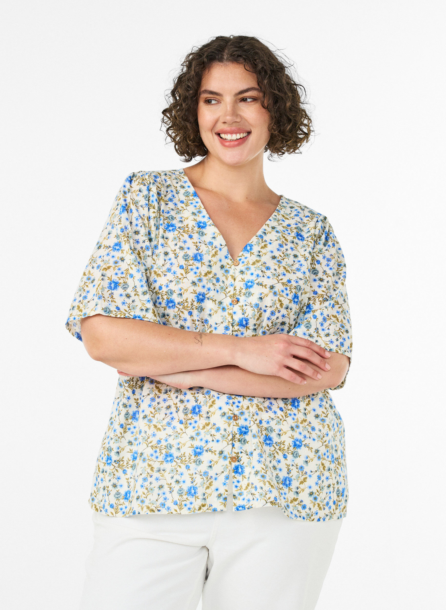 Chemise en coton &agrave; manches courtes avec col V, Bleu, Model