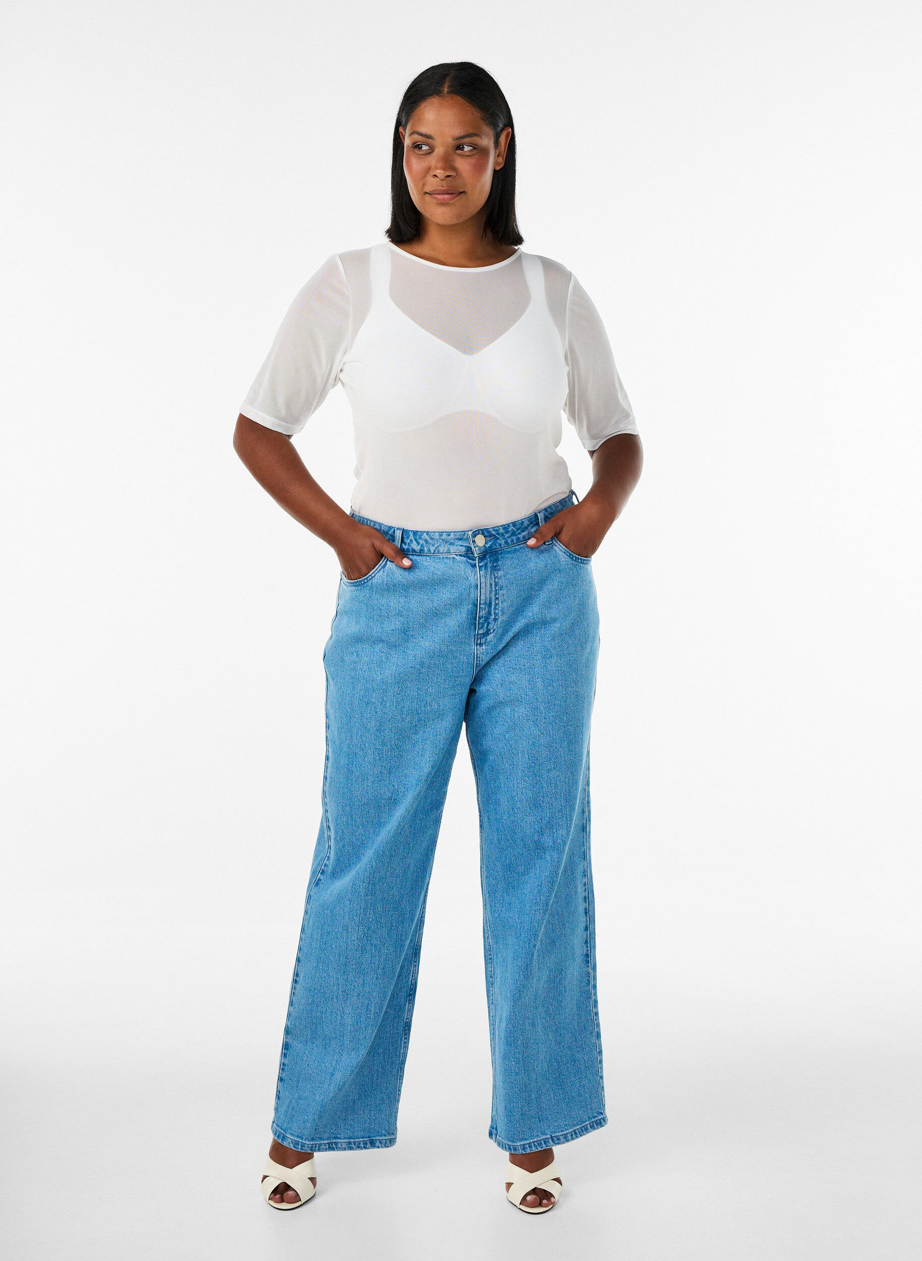 ZizziMesh top met korte mouwen en ronde hals, Vanille, Model image number 1