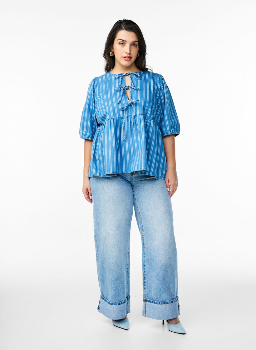 Denim blouse met korte mouwen en streeppatroon, Blauw, Model image number 1