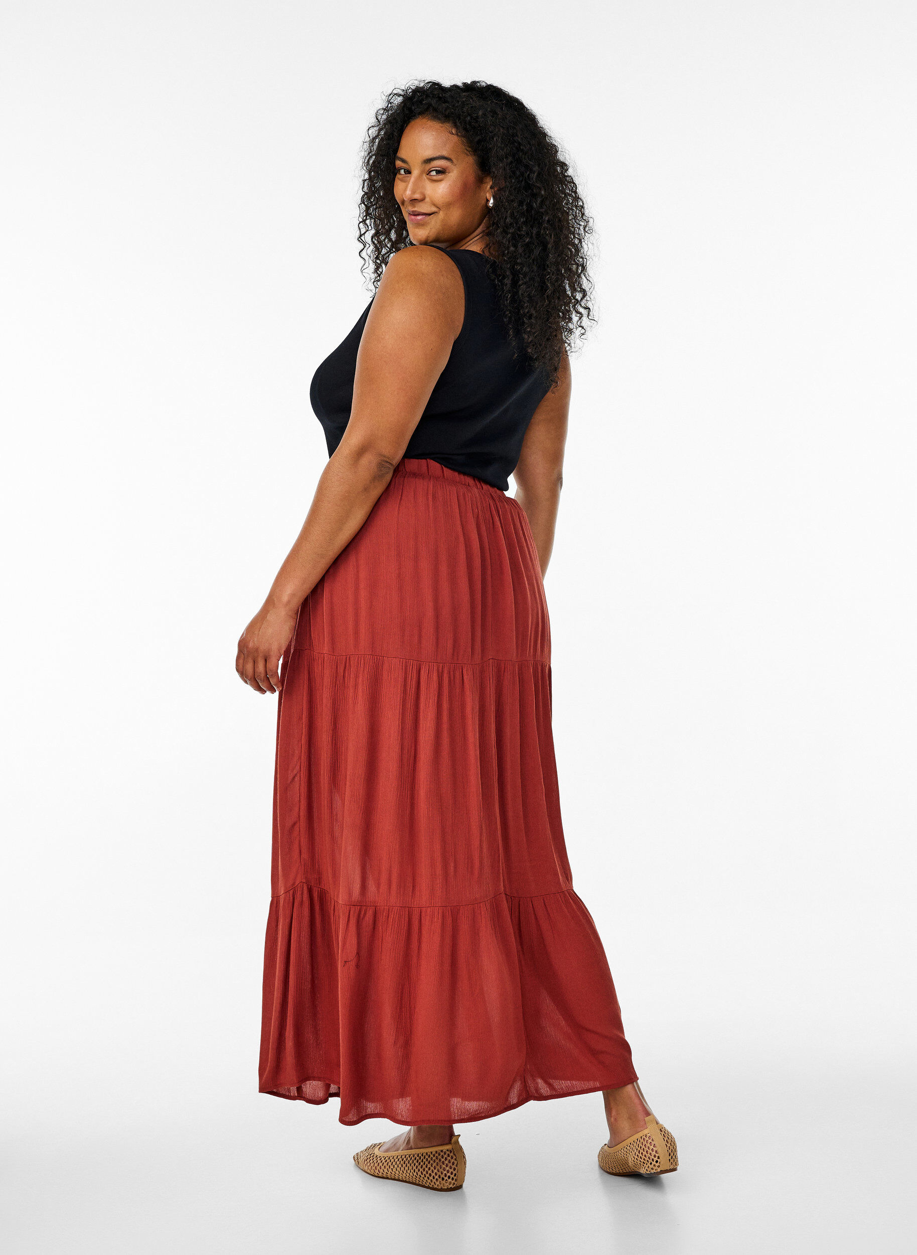 ZizziLange rok met elastiek in de taille, Rood, Model image number 1