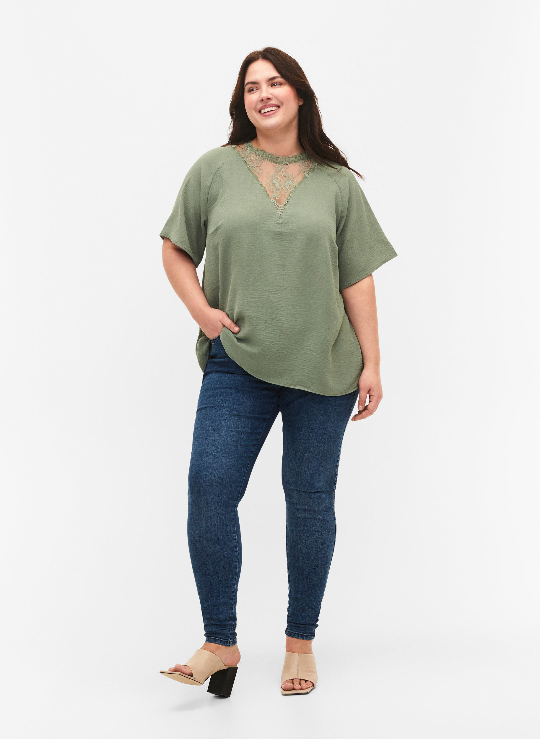 ZizziBlouse met korte mouwen en kant, Lily Pad, Model image number 2