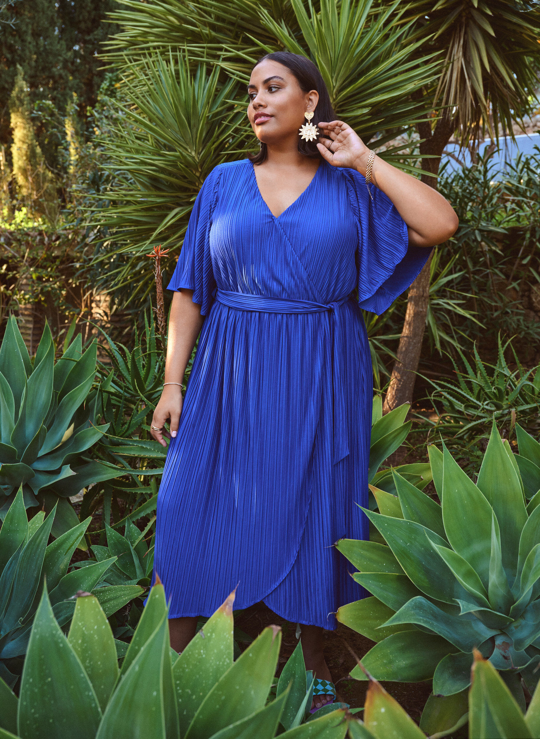 ZizziGeplooide midi-jurk met vleermuismouwen, Blauw, Image image number 0