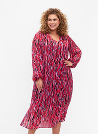 Robes midi à manches longues avec imprimé, Fuchsia Pink AOP, Model