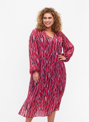 Robes midi à manches longues avec imprimé, Fuchsia Pink AOP, Model image number 0