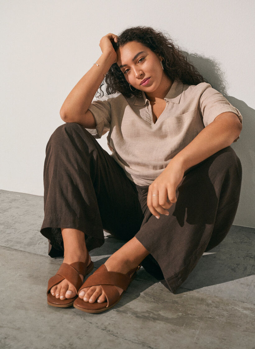 Pantalon large en lin et viscose, Marron, Image image number 0