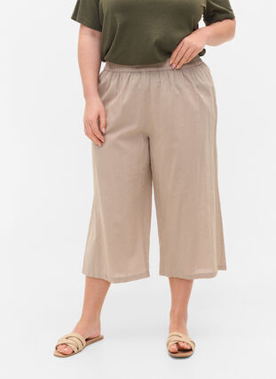Pantalon 7/8 en coton mélangé avec du lin, Simply Taupe, Model image number 1