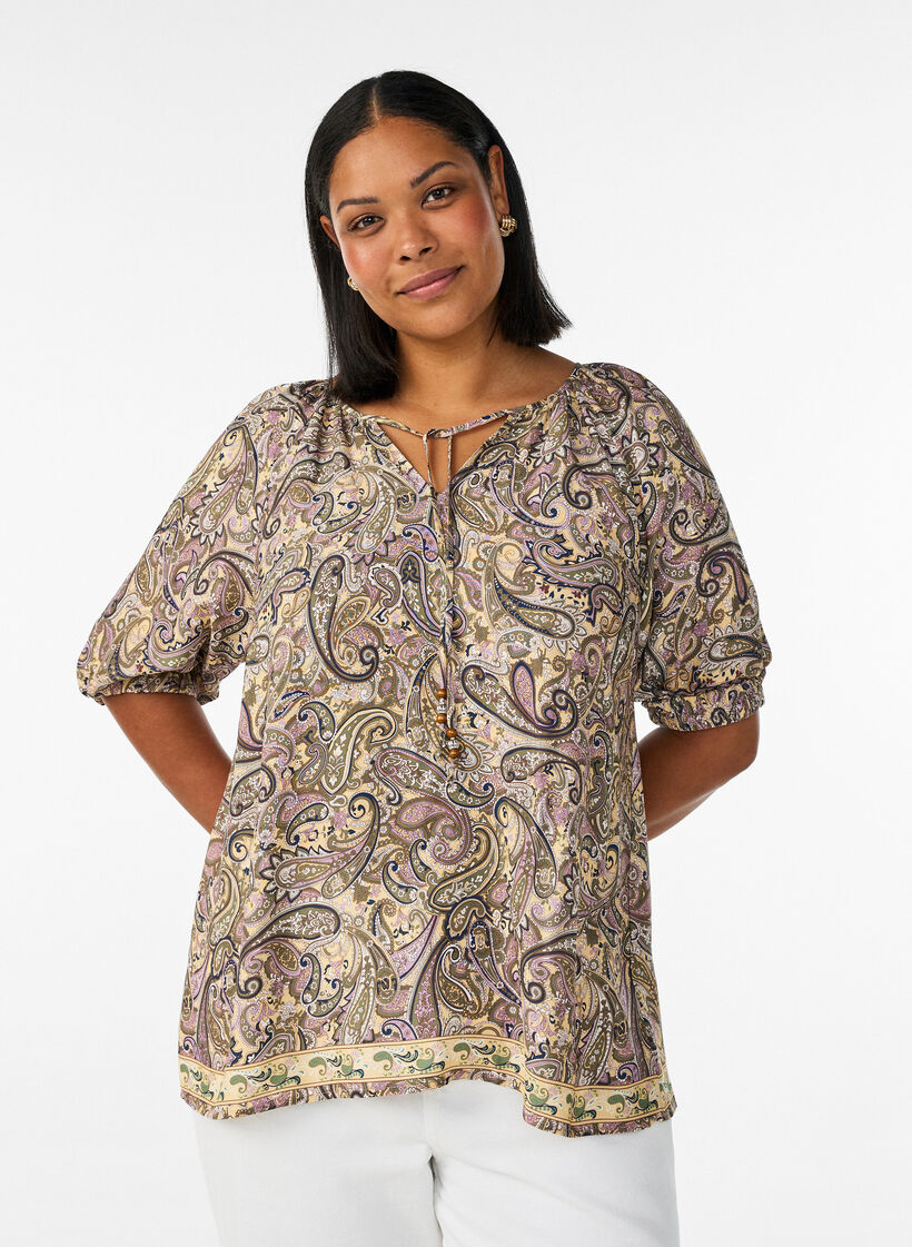 Viscose blouse met paisleyprint en strikkoord, Geel, Model image number 0