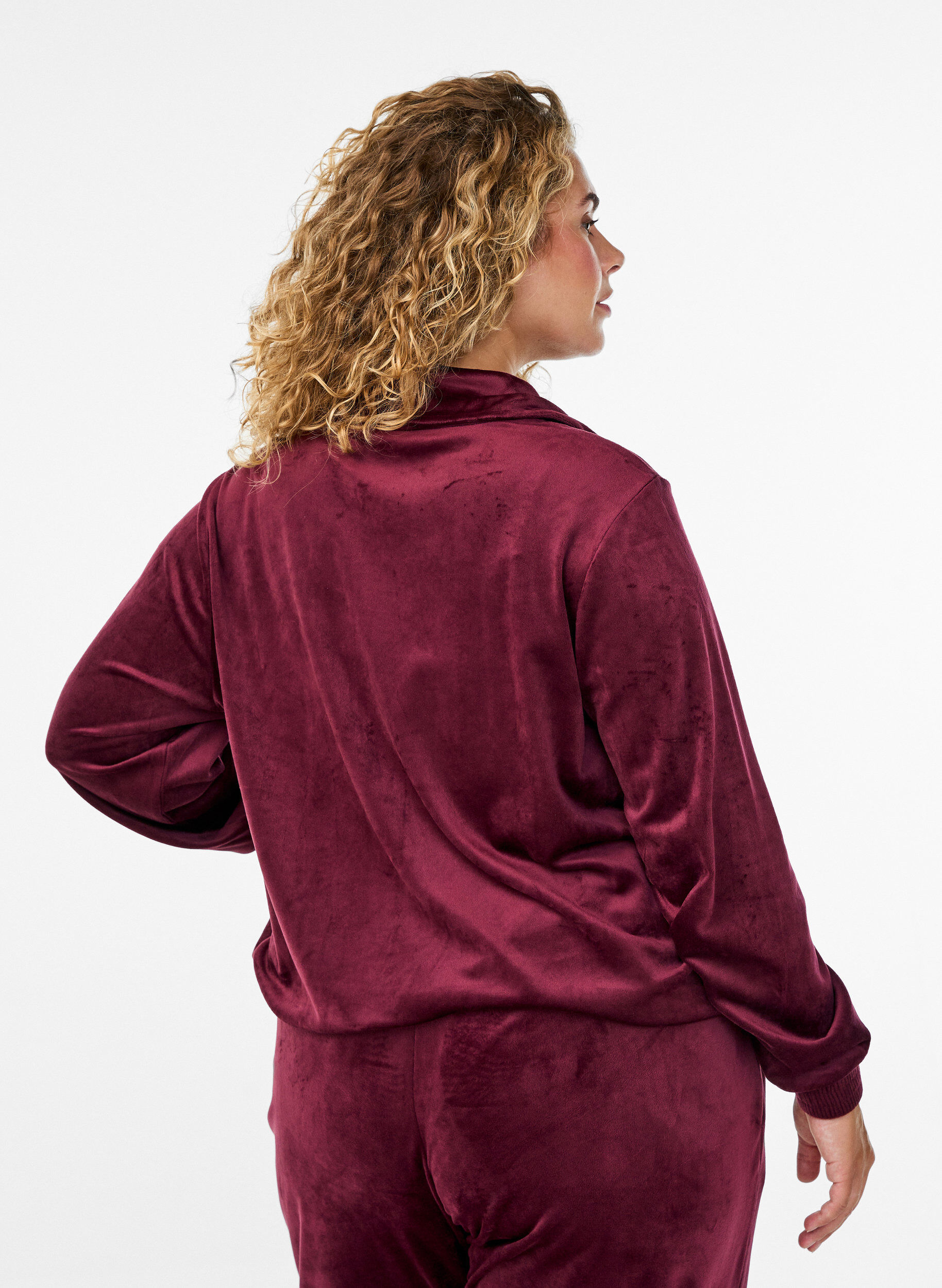 ZizziVelour cardigan met ritssluiting en hoge kraag, Donker Bordeaux, Model image number 2