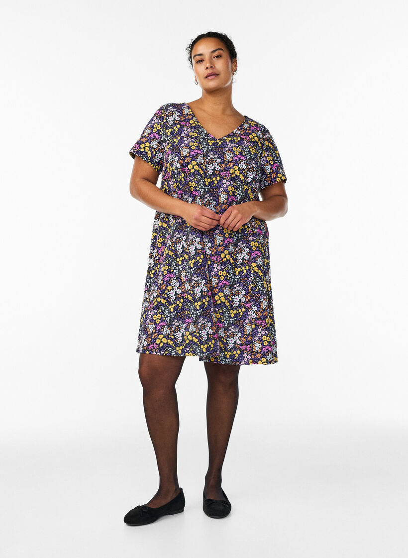 Korte a-lijn jurk met bloemenprint, Blauw, Model image number 1