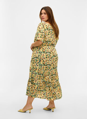 Robe midi manches courtes en viscose, Yellow Summer AOP, Model image number 0